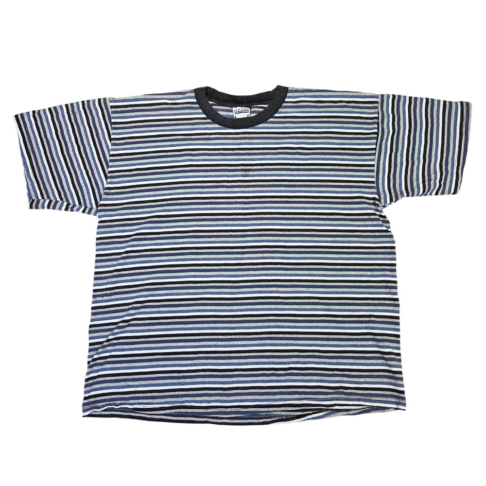 Basic Editions Mens 2X Striped T-Shirt Blue Gray Black White USA Made Vintage